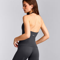 SoftMotion™ Halter Neck Vest with Built in Bra Shelf with Grey Logo | Coal