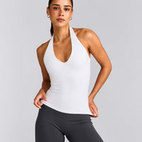 SoftMotion™ Halter Neck Vest with Built in Bra Shelf with Grey Logo | White