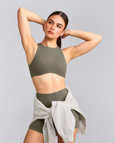 SoftMotion™ High Neck Sports Bra with Grey Logo | Alpine Green
