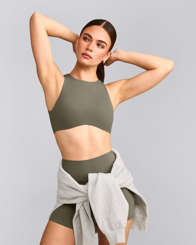 SoftMotion™ High Neck Sports Bra with Grey Logo | Alpine Green
