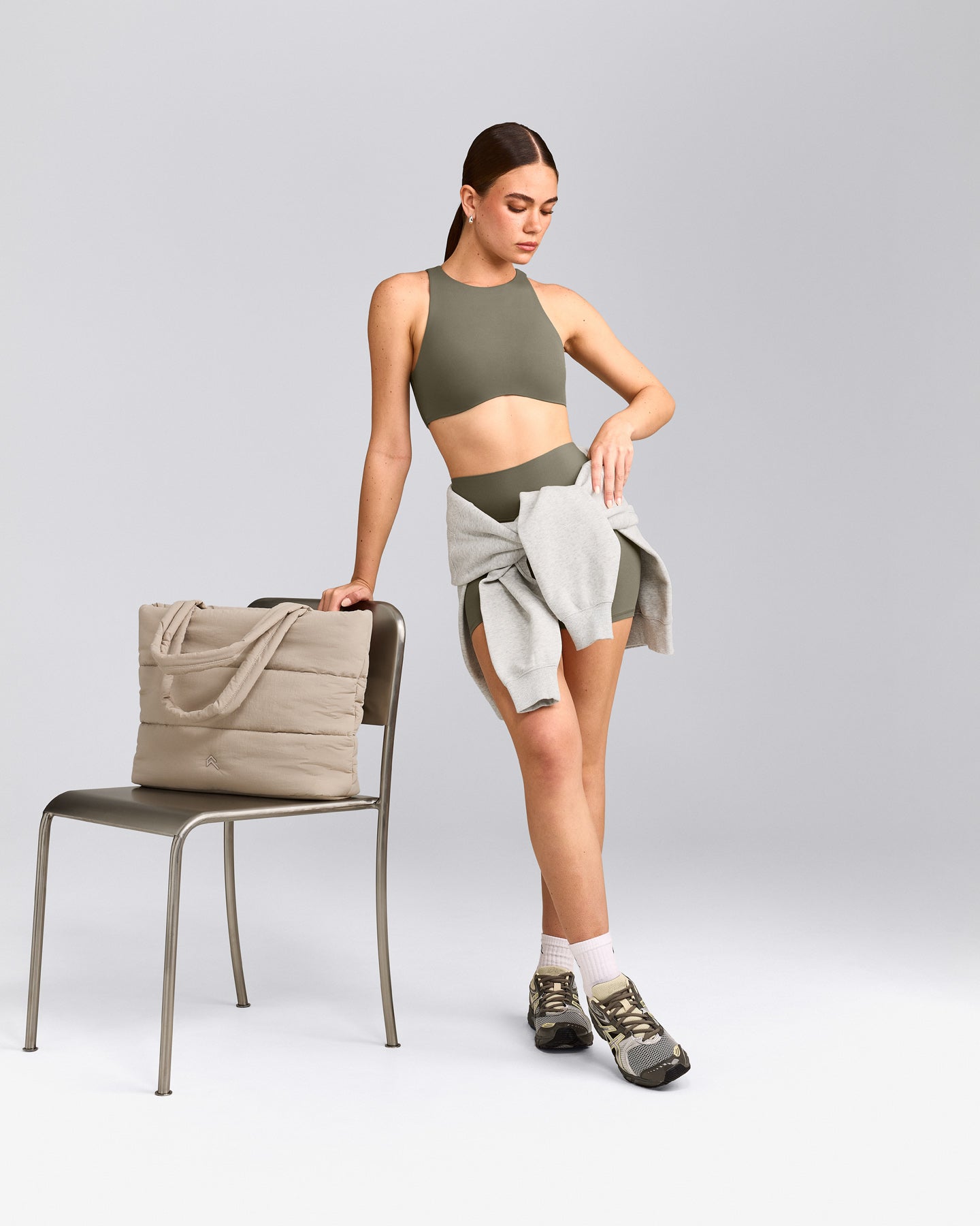 SoftMotion™ High Neck Sports Bra with Grey Logo | Alpine Green