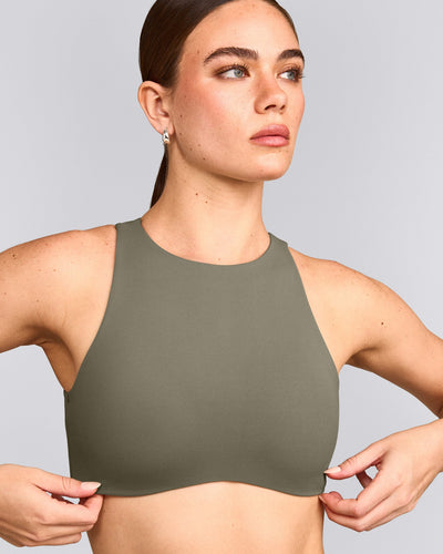 SoftMotion™ High Neck Sports Bra with Grey Logo | Alpine Green