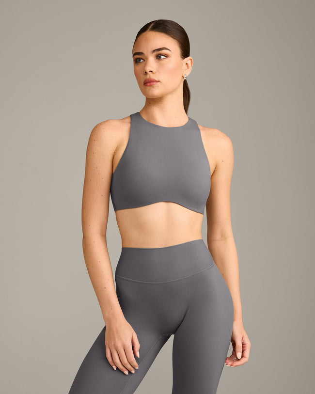 SoftMotion™ High Neck Sports Bra with Grey Logo | Ash Grey