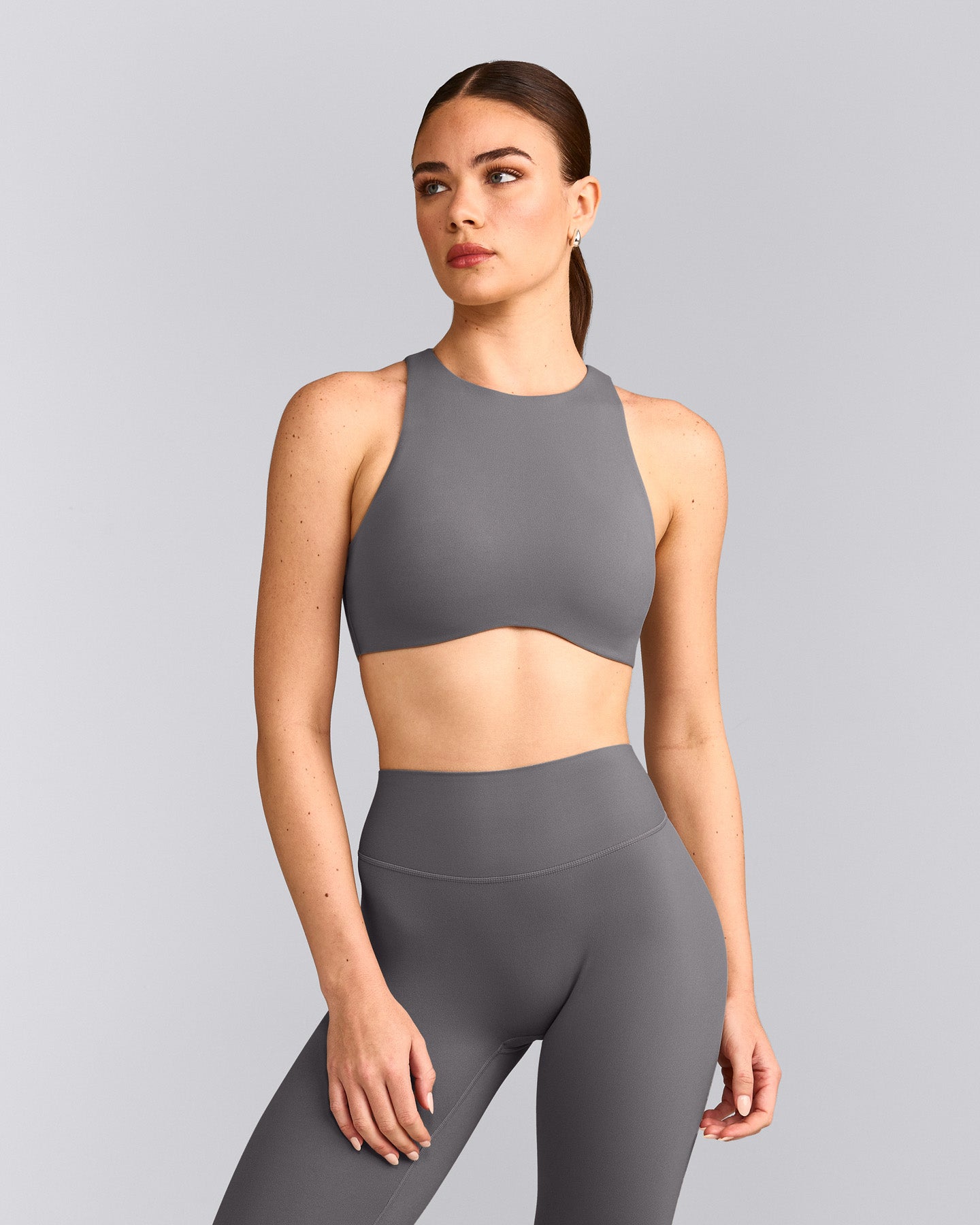 SoftMotion™ High Neck Sports Bra with Grey Logo | Ash Grey