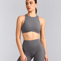 SoftMotion™ High Neck Sports Bra with Grey Logo | Ash Grey
