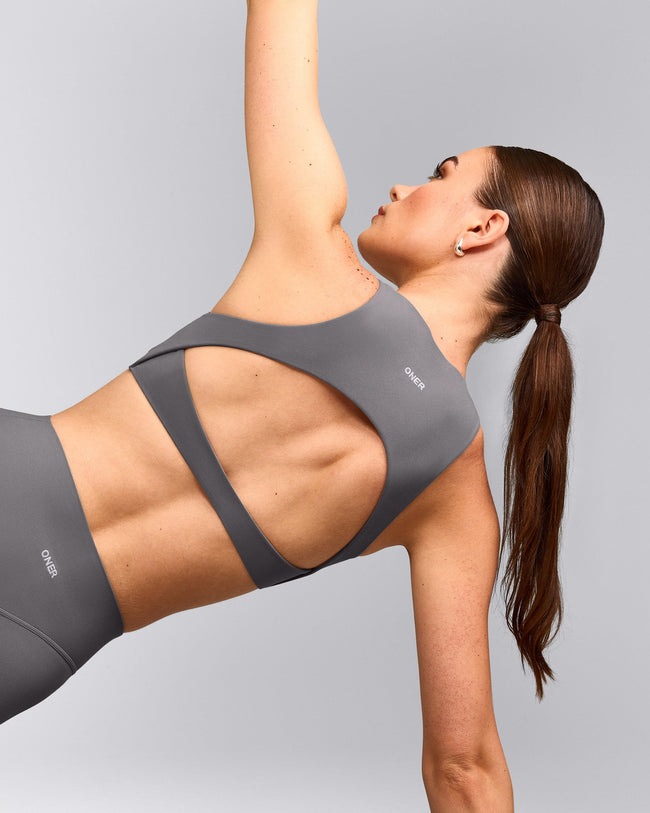 SoftMotion™ High Neck Sports Bra with Grey Logo | Ash Grey