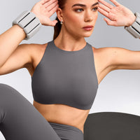 SoftMotion™ High Neck Sports Bra with Grey Logo | Ash Grey