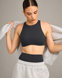 SoftMotion™ High Neck Sports Bra with Grey Logo | Coal