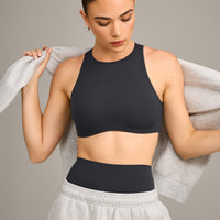 SoftMotion™ High Neck Sports Bra with Grey Logo | Coal