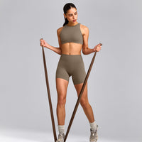 SoftMotion™ High Neck Sports Bra with Grey Logo | Moss Brown