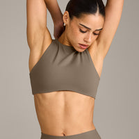 SoftMotion™ High Neck Sports Bra with Grey Logo | Moss Brown