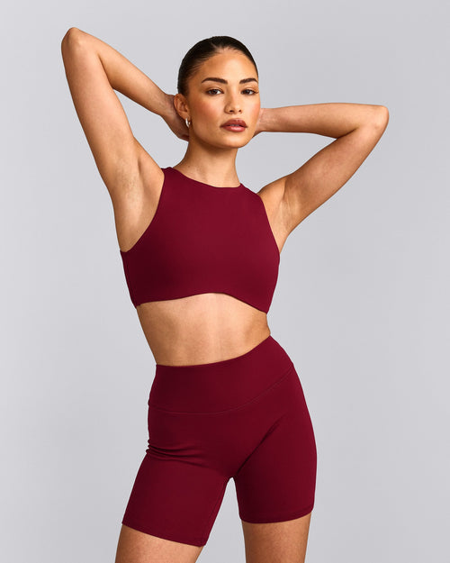 SoftMotion™ High Neck Sports Bra with Grey Logo | Ruby Red