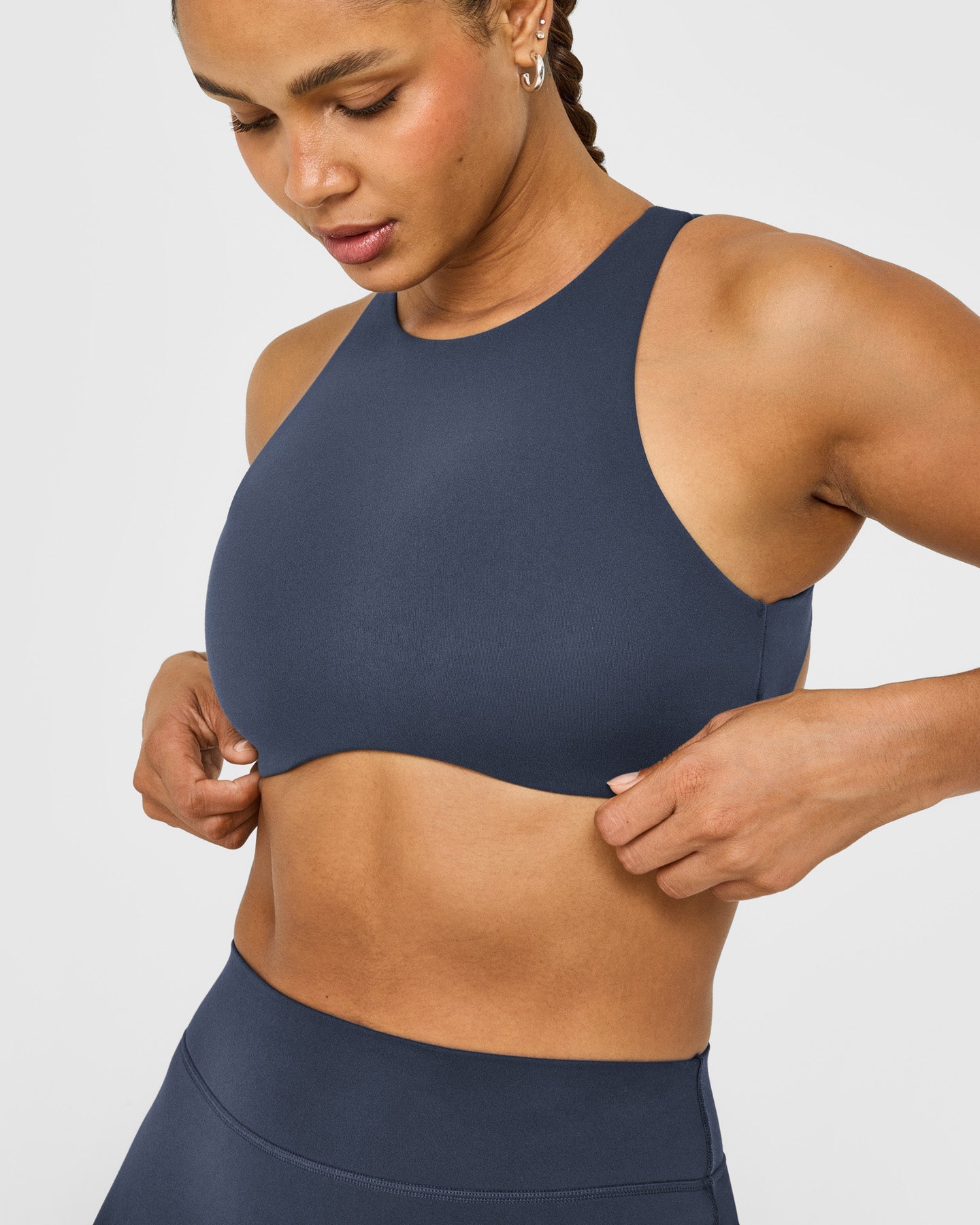 SoftMotion™ High Neck Sports Bra with White Logo | True Blue