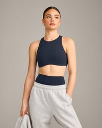 SoftMotion™ High Neck Sports Bra with Grey Logo | True Blue