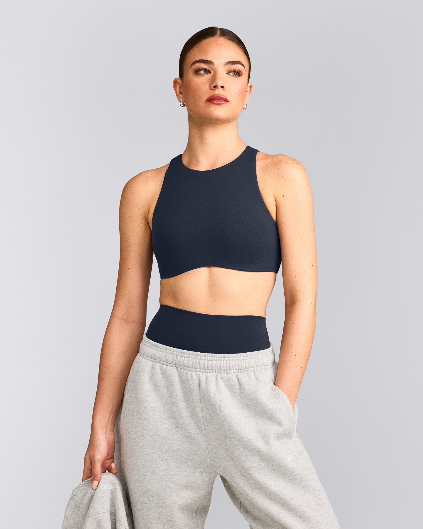 SoftMotion™ High Neck Sports Bra with Grey Logo | True Blue
