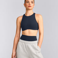 SoftMotion™ High Neck Sports Bra with Grey Logo | True Blue