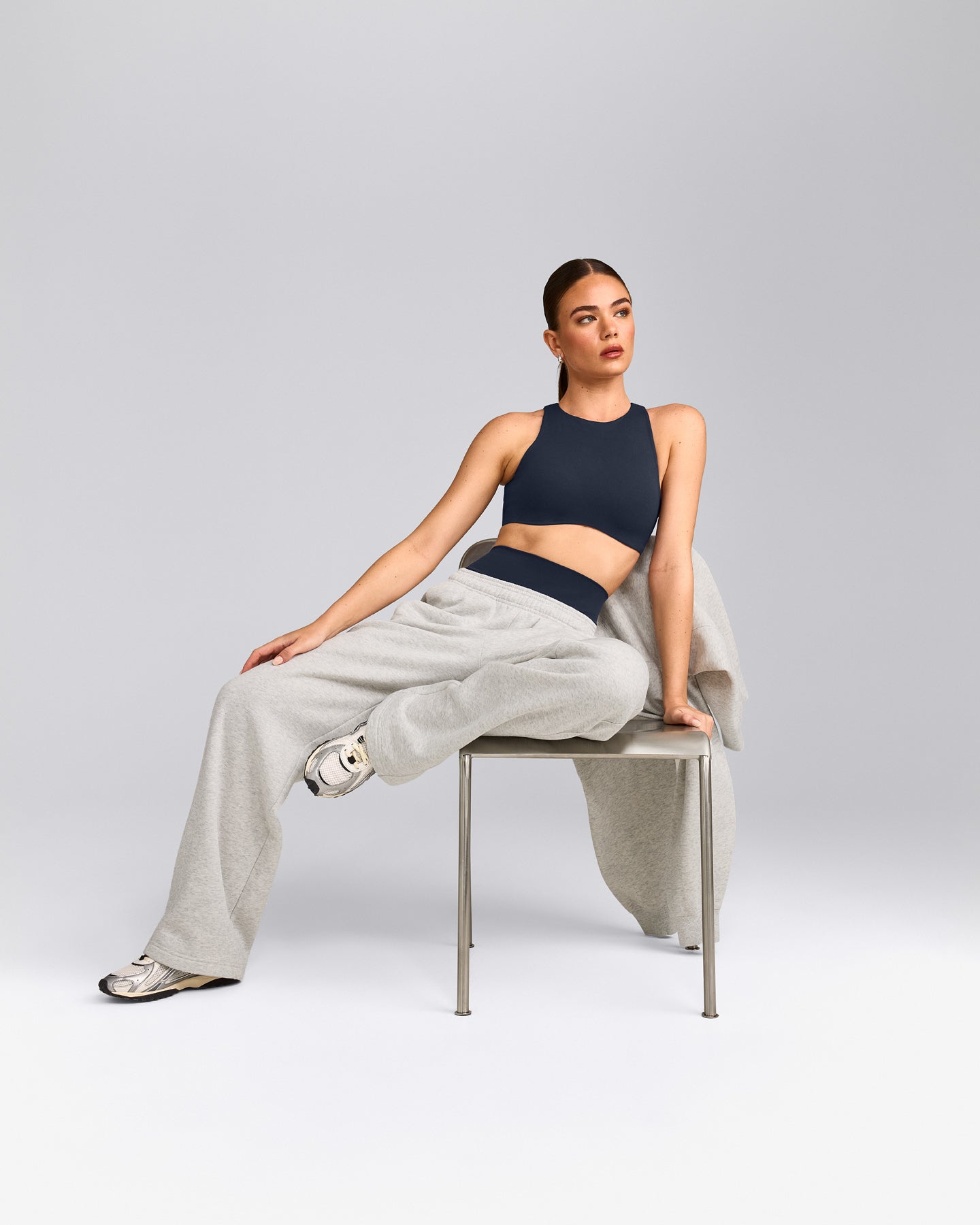 SoftMotion™ High Neck Sports Bra with Grey Logo | True Blue