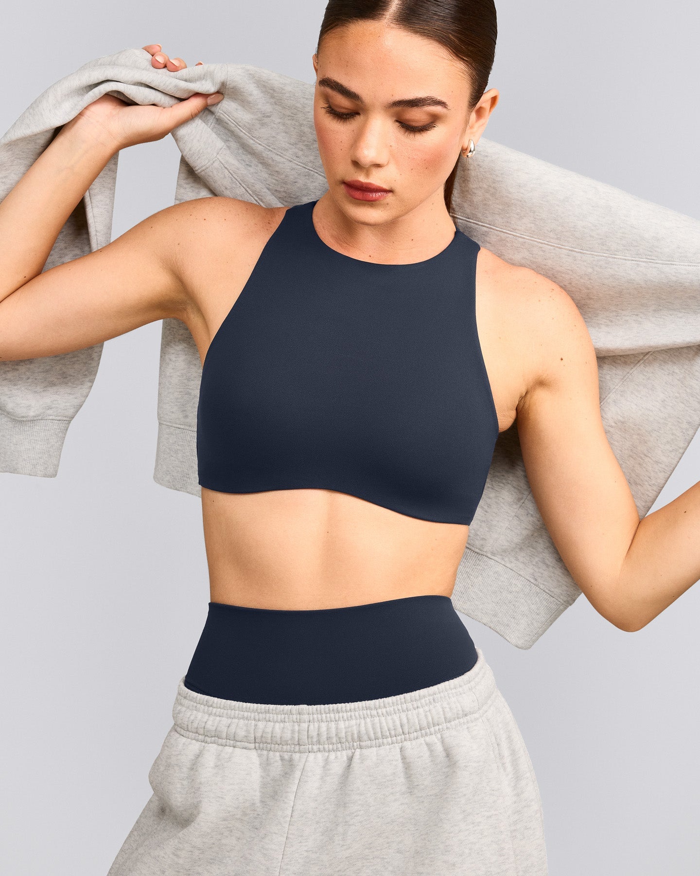 SoftMotion™ High Neck Sports Bra with Grey Logo | True Blue