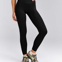 SoftMotion™ High Waisted Leggings with Grey Logo | Black