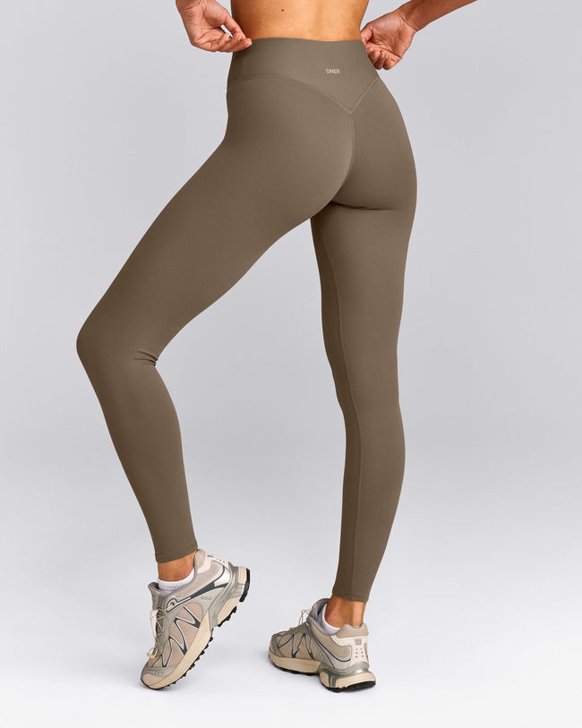 SoftMotion™ High Waisted Leggings with Grey Logo | Moss Brown