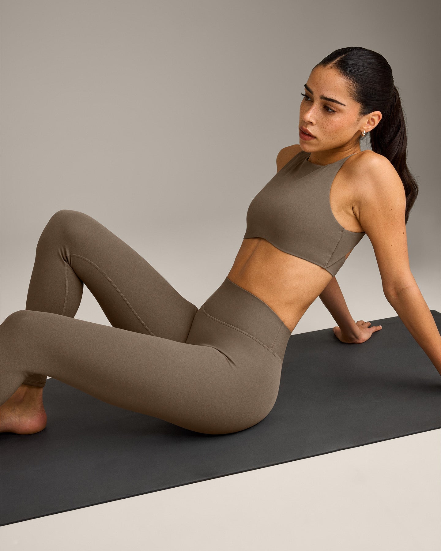 SoftMotion™ High Waisted Leggings with Grey Logo | Moss Brown