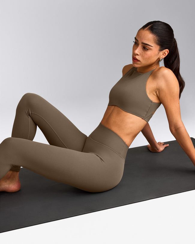 SoftMotion™ High Waisted Leggings with Grey Logo | Moss Brown
