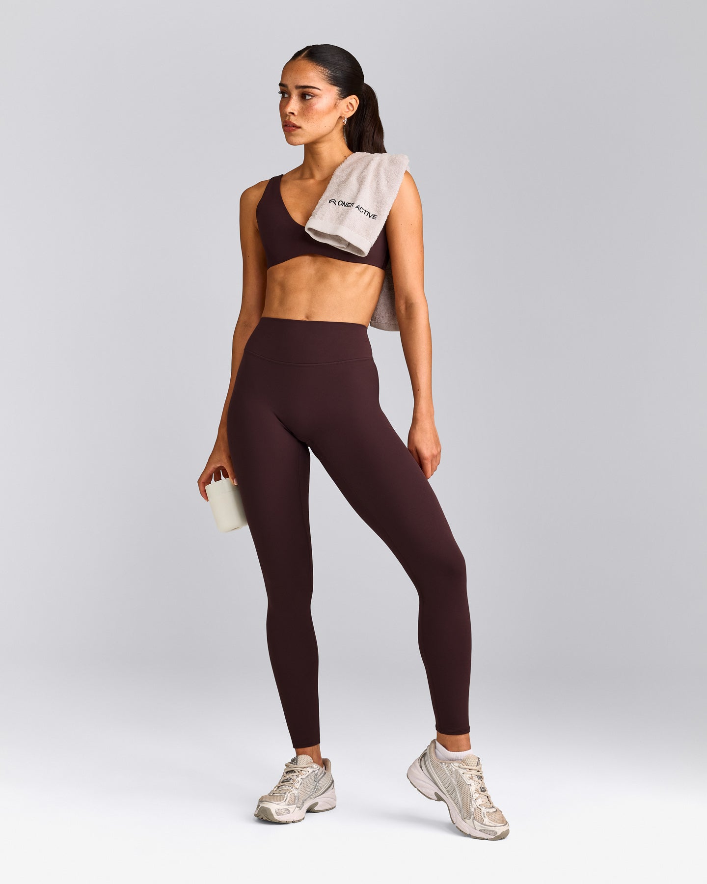 SoftMotion™ High Waisted Leggings with Grey Logo | Plum Brown