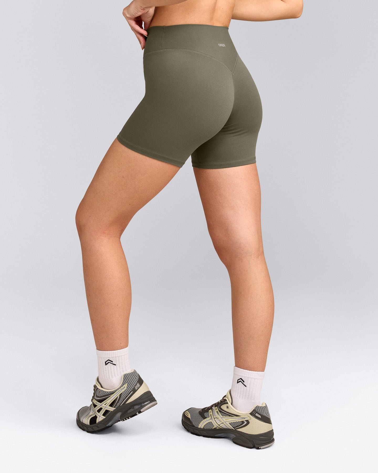 SoftMotion™ High Waisted Shorts 6" with Grey Logo | Alpine Green