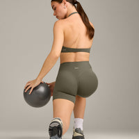 SoftMotion™ High Waisted Shorts 6" with Grey Logo | Alpine Green