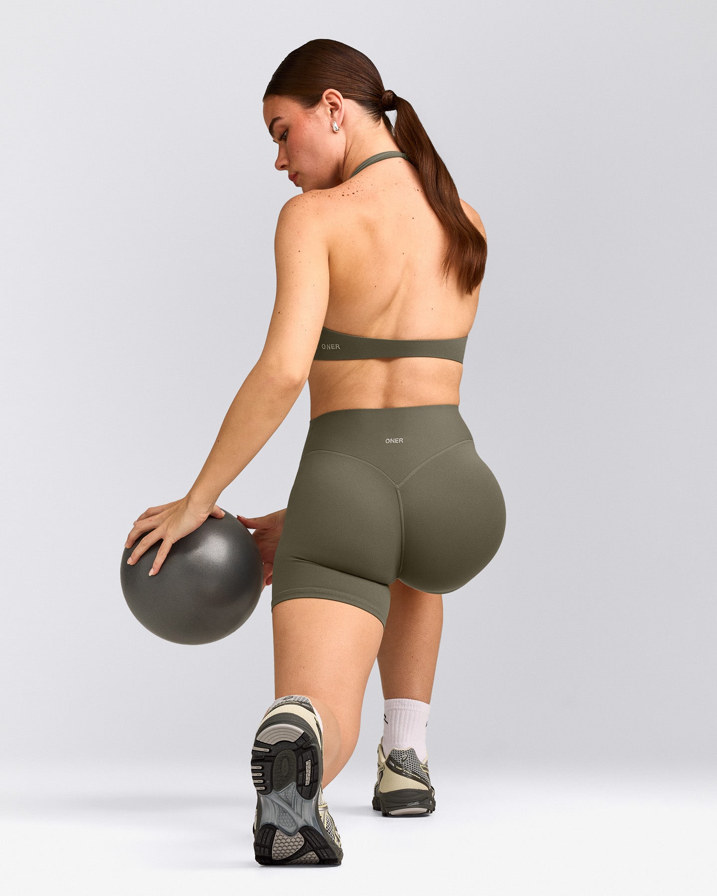 SoftMotion™ High Waisted Shorts 6" with Grey Logo | Alpine Green