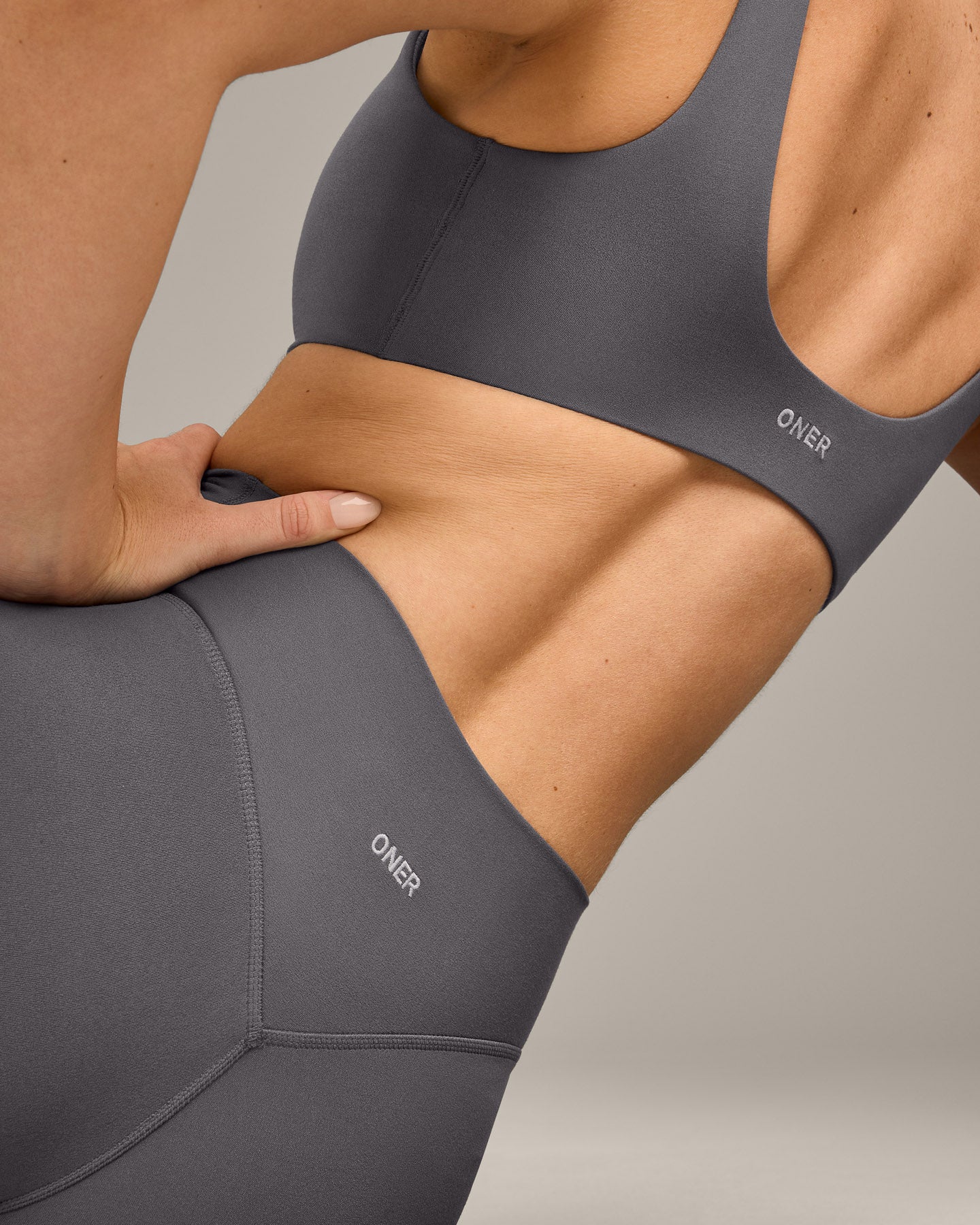 SoftMotion™ High Waisted Shorts 6" with Grey Logo | Ash Grey