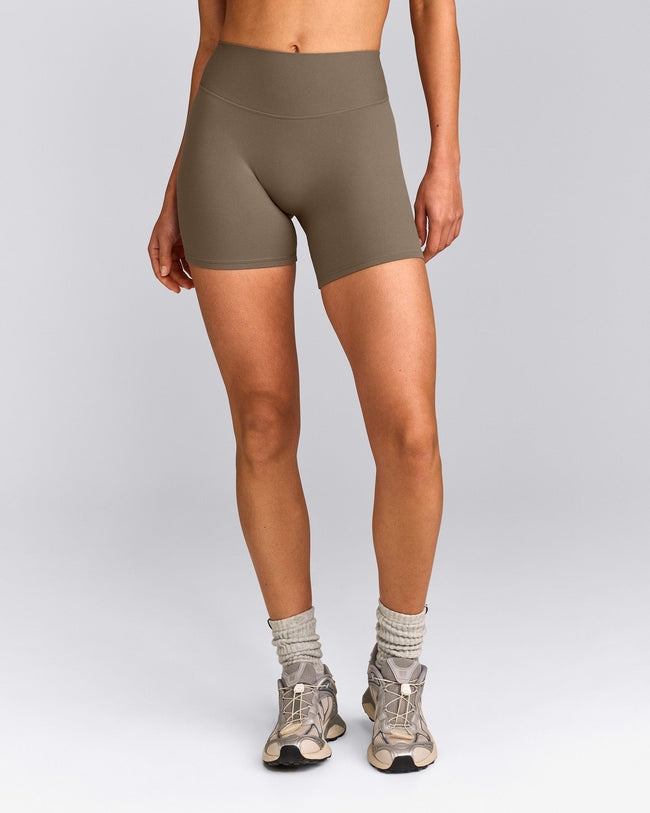 SoftMotion™ High Waisted Shorts 6" with Grey Logo | Moss Brown