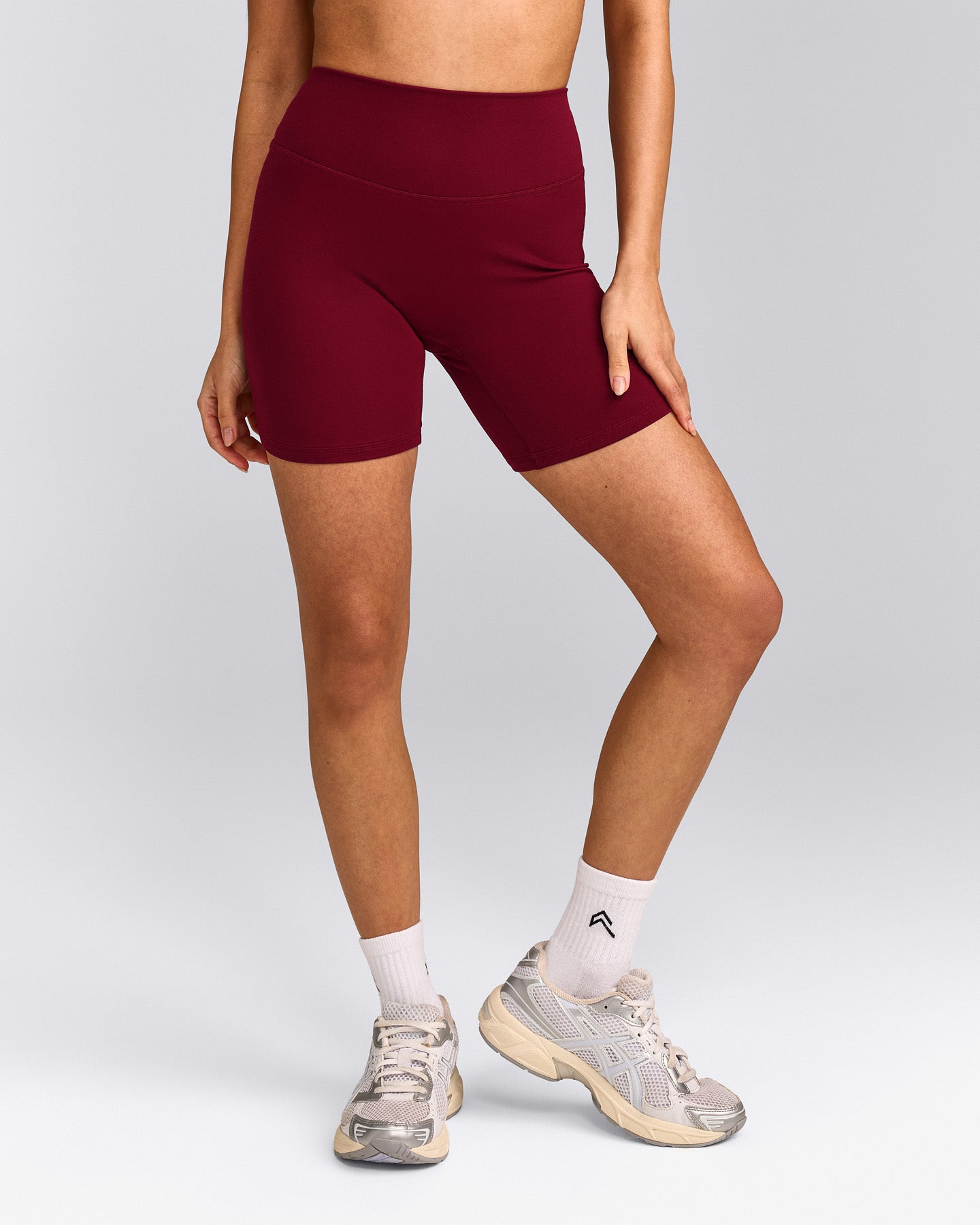SoftMotion™ High Waisted Shorts 6" with Grey Logo | Ruby Red
