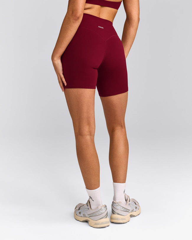 SoftMotion™ High Waisted Shorts 6" with Grey Logo | Ruby Red