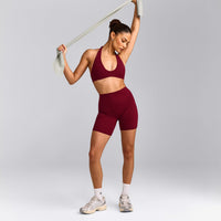 SoftMotion™ High Waisted Shorts 6" with Grey Logo | Ruby Red