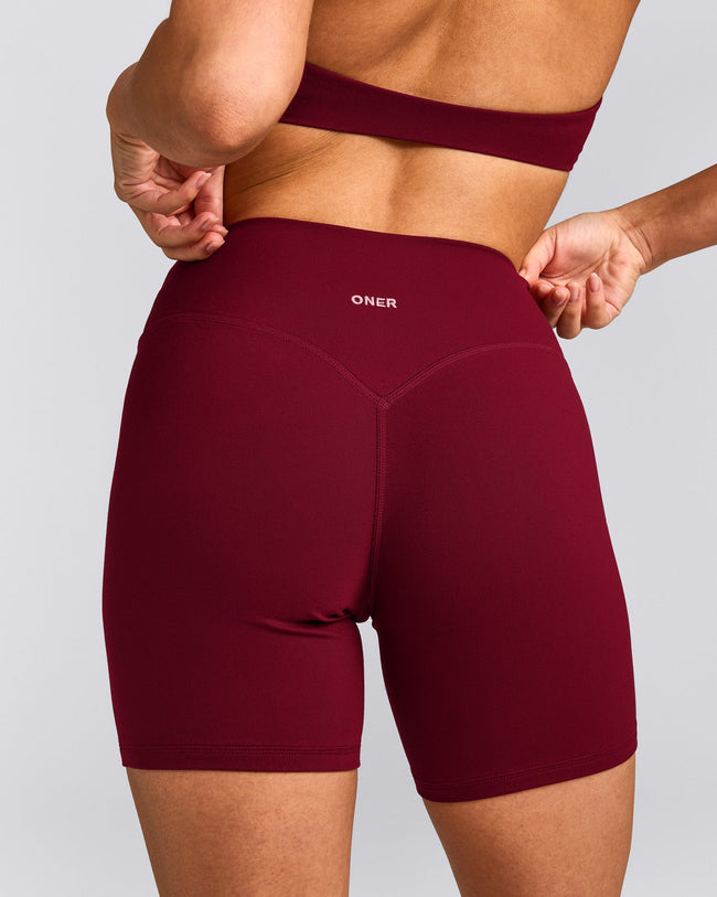 SoftMotion™ High Waisted Shorts 6" with Grey Logo | Ruby Red