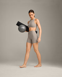 SoftMotion™ High Waisted Shorts 6" with White Logo | Warm Sand