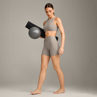 SoftMotion™ High Waisted Shorts 6" with White Logo | Warm Sand