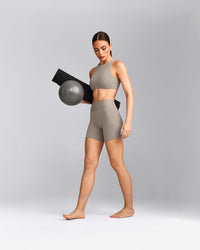 SoftMotion™ High Waisted Shorts 6" with White Logo | Warm Sand