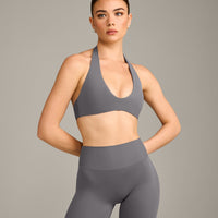 SoftMotion™ Minimal Halter Neck Bralette with Grey Logo | Ash Grey