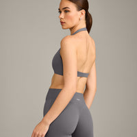 SoftMotion™ Minimal Halter Neck Bralette with Grey Logo | Ash Grey