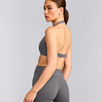 SoftMotion™ Minimal Halter Neck Bralette with Grey Logo | Ash Grey