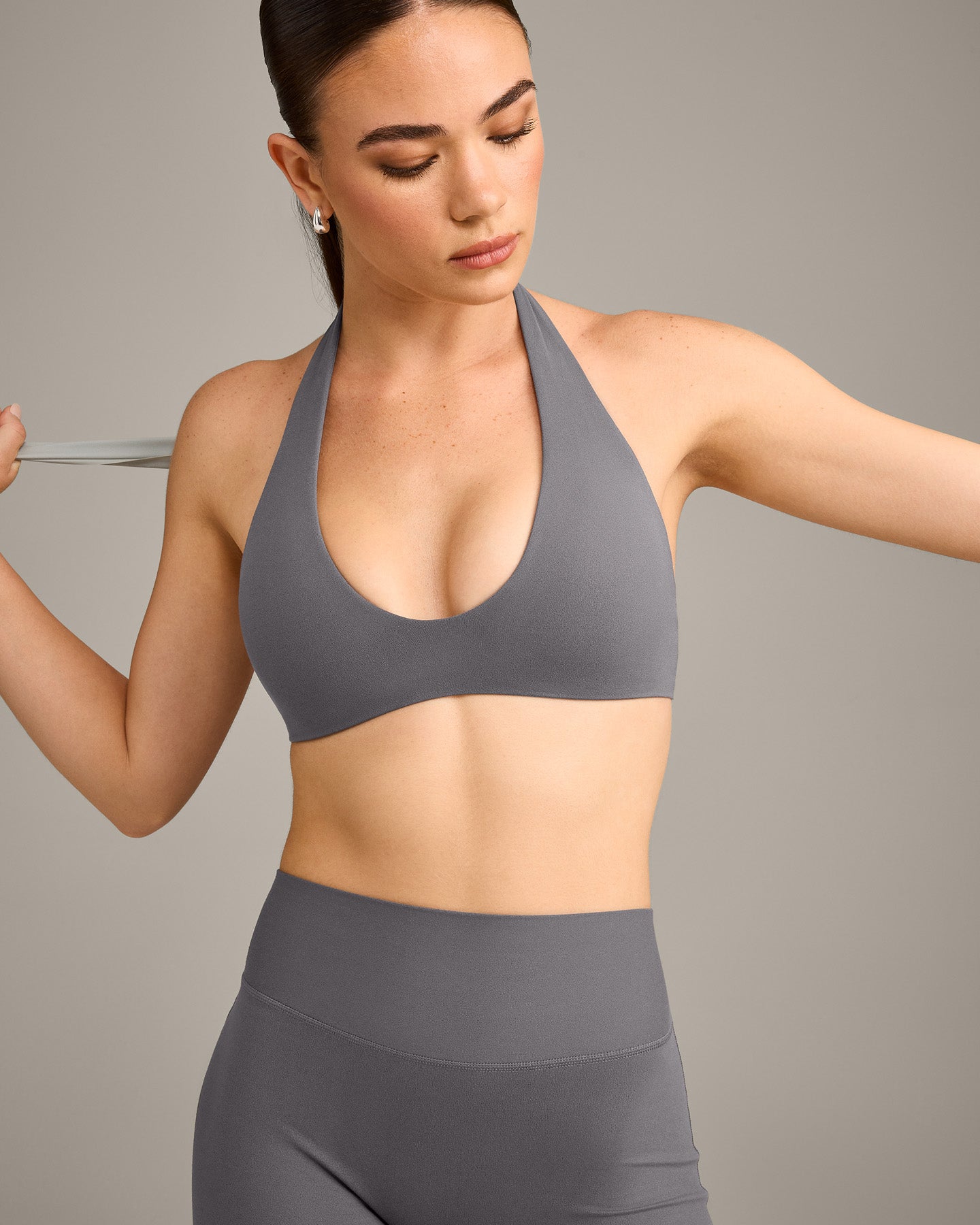 SoftMotion™ Minimal Halter Neck Bralette with Grey Logo | Ash Grey