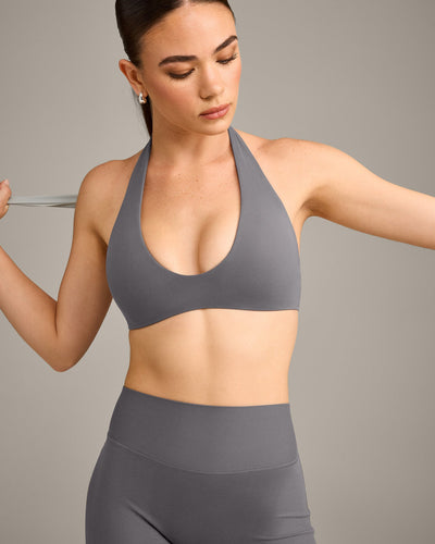 SoftMotion™ Minimal Halter Neck Bralette with Grey Logo | Ash Grey