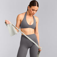 SoftMotion™ Minimal Halter Neck Bralette with Grey Logo | Ash Grey
