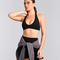SoftMotion™ Minimal Halter Neck Bralette with Grey Logo | Black