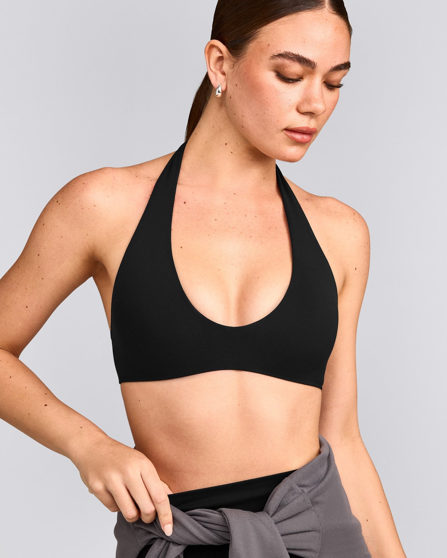 SoftMotion™ Minimal Halter Neck Bralette with Grey Logo | Black
