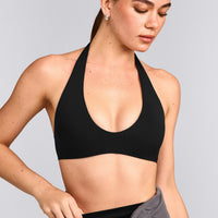 SoftMotion™ Minimal Halter Neck Bralette with Grey Logo | Black