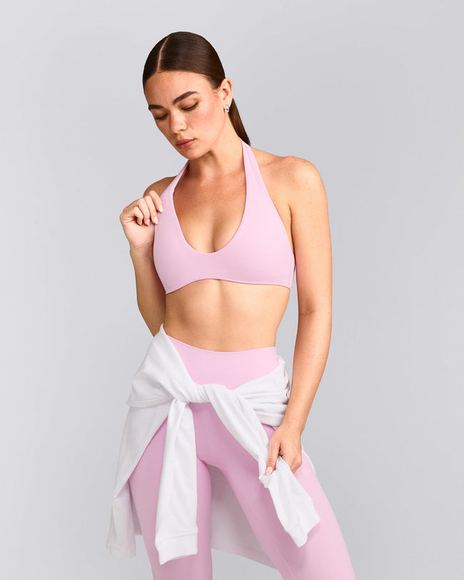 SoftMotion™ Minimal Halter Neck Bralette with Grey Logo | Chalk Pink