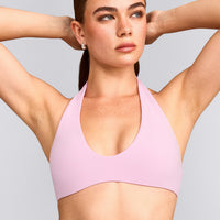 SoftMotion™ Minimal Halter Neck Bralette with Grey Logo | Chalk Pink